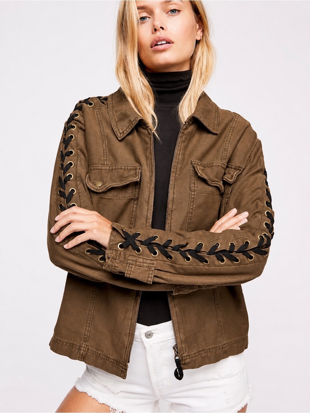 Free People Faye Military Jacket Lace Sleeve Detail
